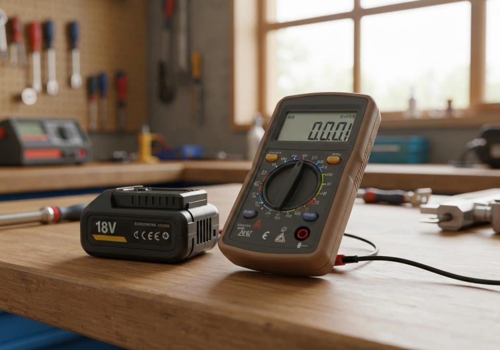 Multimètre posé sur une batterie de visseuse 18V