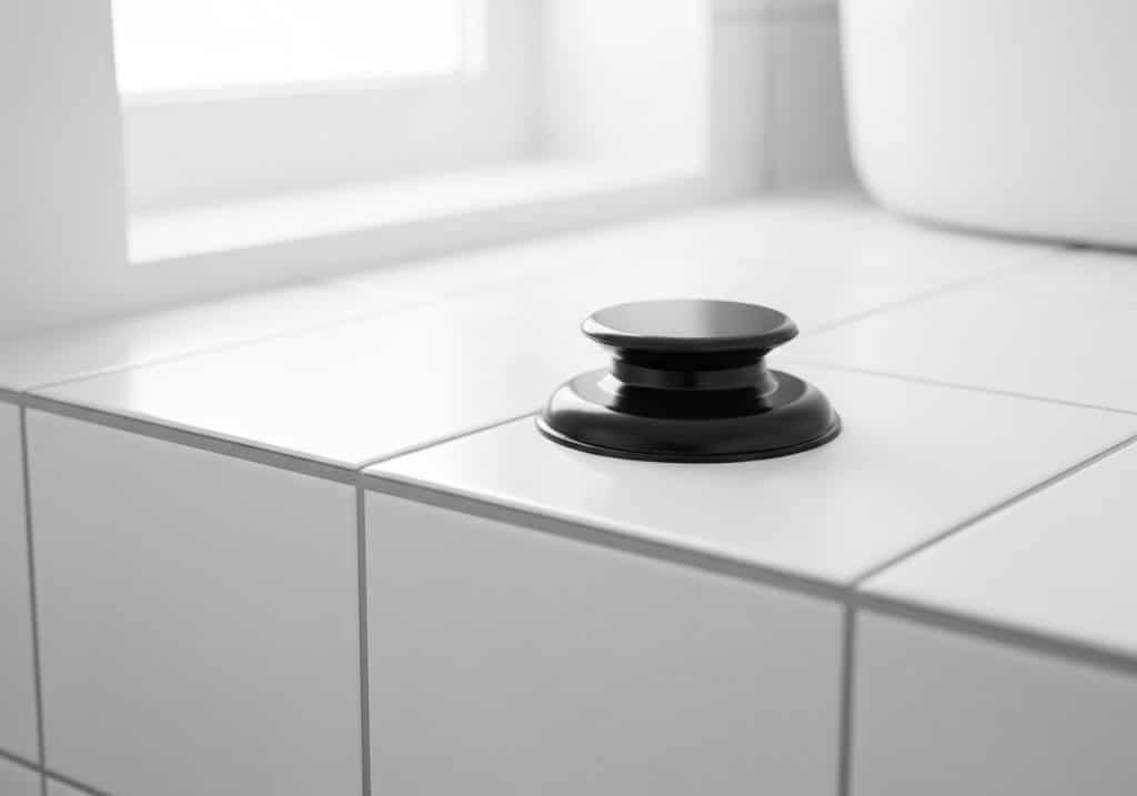 Ventouse de toilettes posée sur carrelage blanc salle de bain